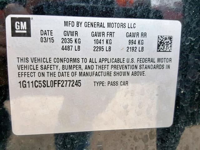 1G11C5SL0FF277245 - 2015 CHEVROLET MALIBU 1LT BLACK photo 10