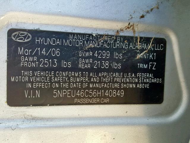 5NPEU46C56H140849 - 2006 HYUNDAI SONATA GLS Gümüş foto 10