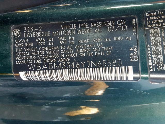 WBABM3346YJN65580 - 2000 BMW 323 CI GREEN photo 10