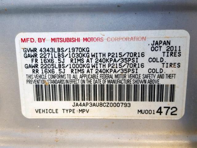 JA4AP3AU8CZ000793 - 2012 MITSUBISHI OUTLANDER SILVER photo 10