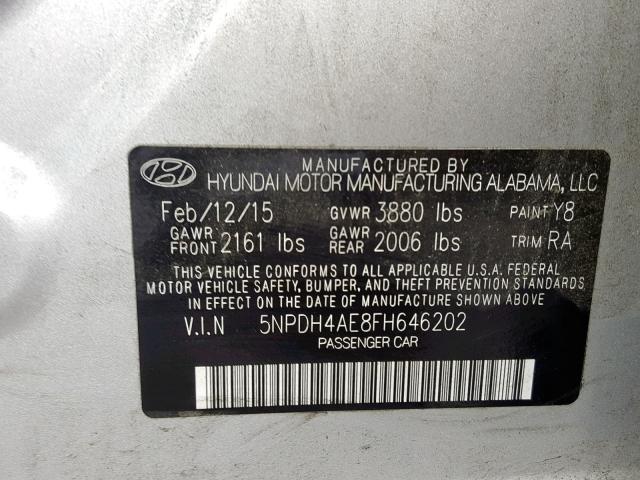 5NPDH4AE8FH646202 - 2015 HYUNDAI ELANTRA SE SILVER photo 10