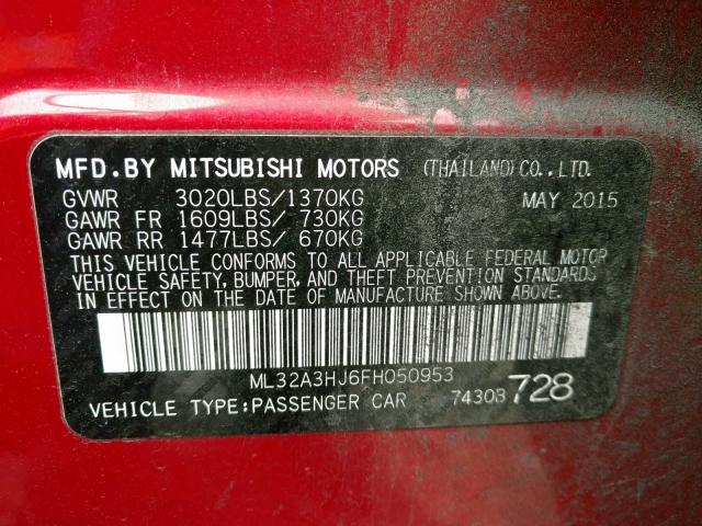 ML32A3HJ6FH050953 - 2015 MITSUBISHI MIRAGE DE RED photo 10