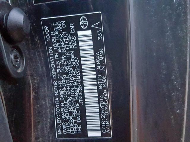 JTKDE3B74A0310287 - 2010 TOYOTA SCION TC შავი ფოტო 10