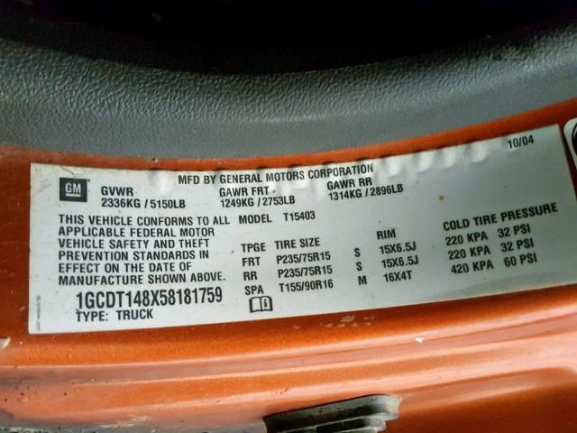 1GCDT148X58181759 - 2005 CHEVROLET COLORADO ORANGE photo 10