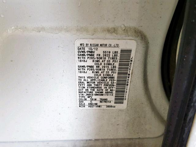 JN8CS1MW0DM173113 - 2013 INFINITI FX37 WHITE photo 10