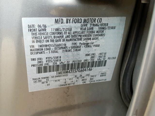 1MEHM42157G604146 - 2007 MERCURY MONTEGO PR 银色 照片 10