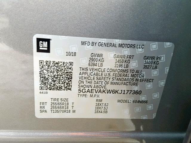 5GAEVAKW6KJ177360 - 2019 BUICK ENCLAVE ES BROWN photo 10