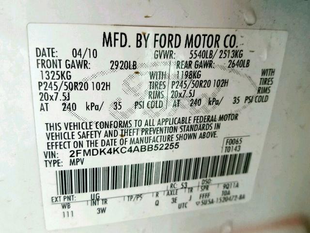 2FMDK4KC4ABB52255 - 2010 FORD EDGE LIMIT WHITE photo 10