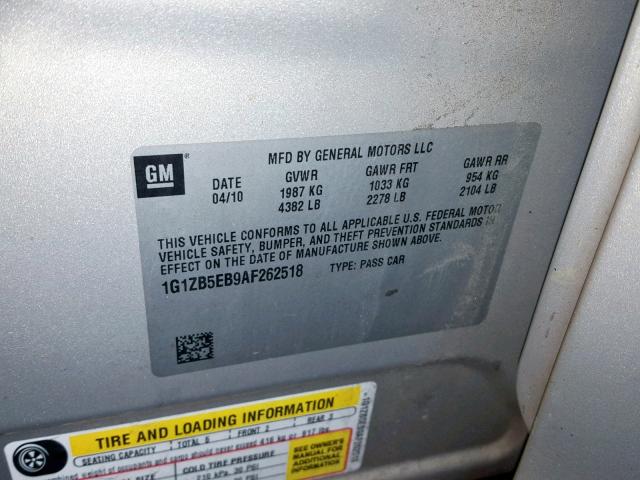 1G1ZB5EB9AF262518 - 2010 CHEVROLET MALIBU LS 银色 照片 10