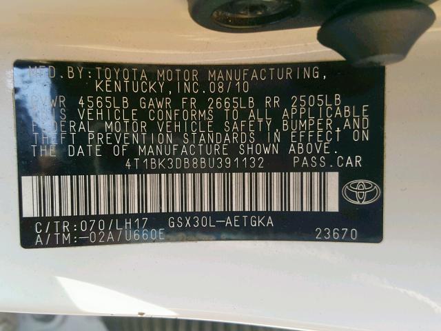 4T1BK3DB8BU391132 - 2011 TOYOTA AVALON BAS Սպիտակ լուսանկար 10
