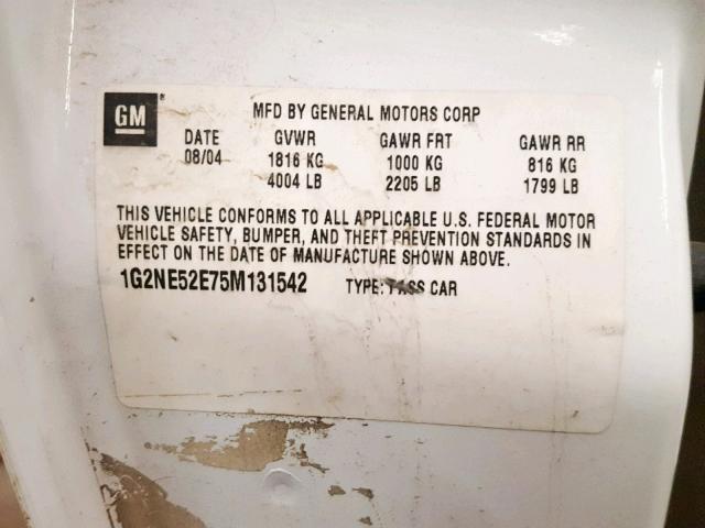 1G2NE52E75M131542 - 2005 PONTIAC GRAND AM S 白色 照片 10