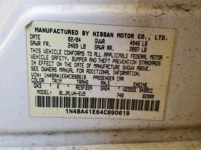 1N4BA41E64C890618 - 2004 NISSAN MAXIMA SE WHITE photo 10