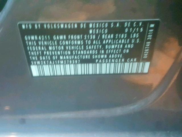 3VW2K7AJ1FM279397 - 2015 VOLKSWAGEN JETTA BASE Մոխրագույն լուսանկար 10