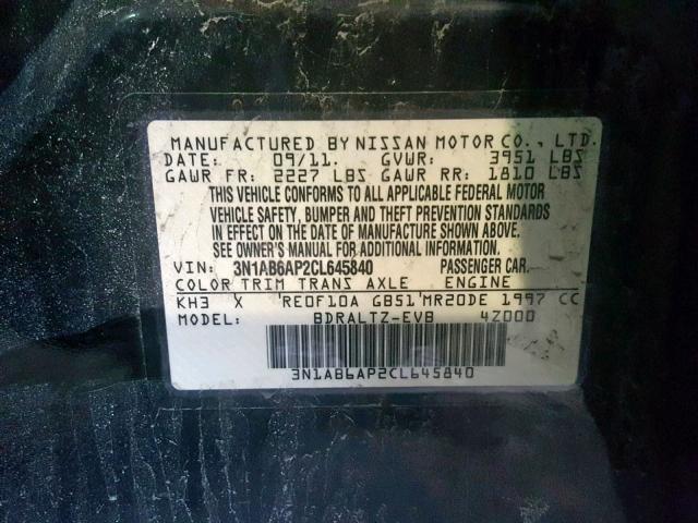 3N1AB6AP2CL645840 - 2012 NISSAN SENTRA 2.0 BLACK photo 10