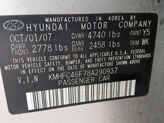 KMHFC46F78A290937 - 2008 HYUNDAI AZERA SE SILVER photo 10