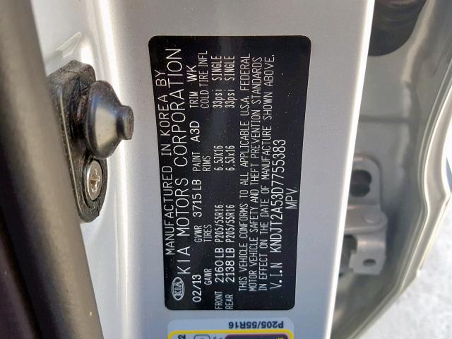 KNDJT2A53D7755383 - 2013 KIA SOUL SILVER photo 10