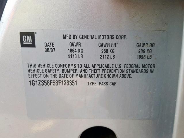 1G1ZS58F58F123351 - 2008 CHEVROLET MALIBU LS ვერცხლისფერი ფოტო 10