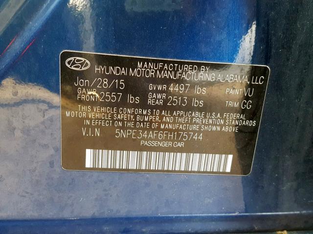 5NPE34AF6FH175744 - 2015 HYUNDAI SONATA SPO BLUE photo 10