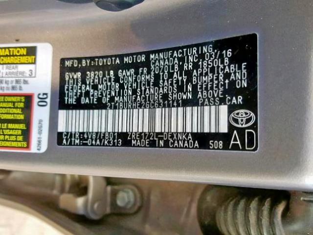 2T1BURHE2GC631141 - 2016 TOYOTA COROLLA L Qəhvəyi foto 10