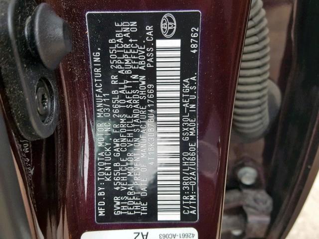 4T1BK3DB7BU417669 - 2011 TOYOTA AVALON BAS BURGUNDY photo 10