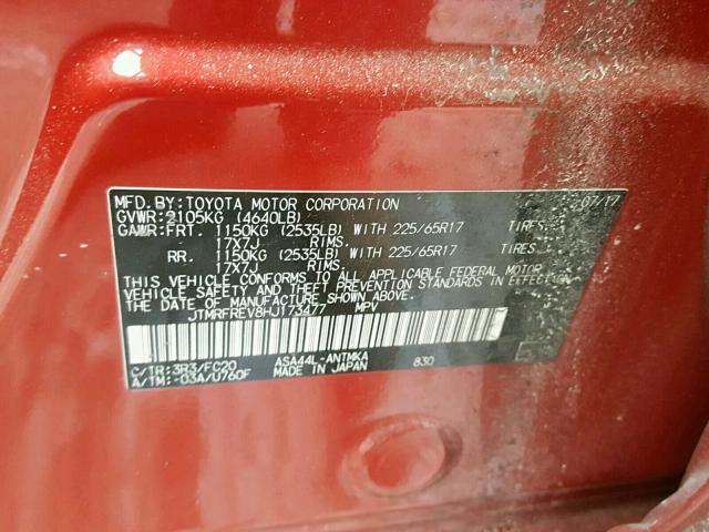 JTMRFREV8HJ173477 - 2017 TOYOTA RAV4 XLE RED photo 10