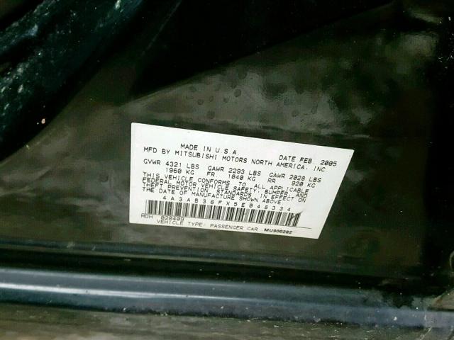 4A3AB36FX5E048334 - 2005 MITSUBISHI GALANT ES BLACK photo 10