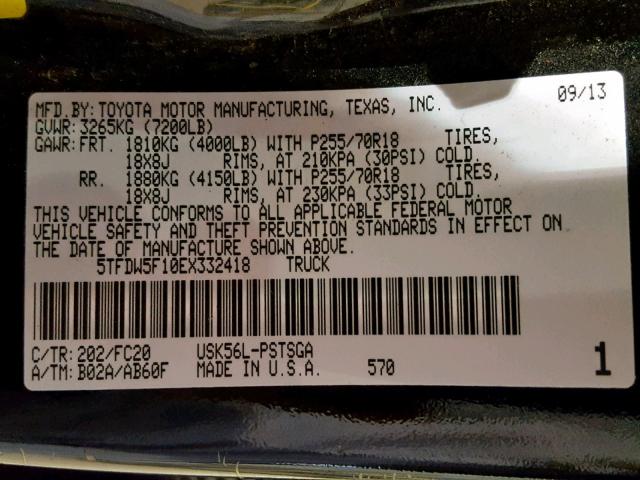 5TFDW5F10EX332418 - 2014 TOYOTA TUNDRA CRE BLACK photo 10