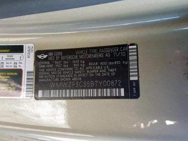 WMWZF3C55BTY00872 - 2011 MINI COOPER CLU BEIGE photo 10