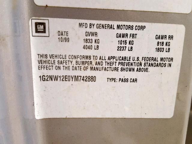 1G2NW12E0YM742880 - 2000 PONTIAC GRAND AM G SILVER photo 10