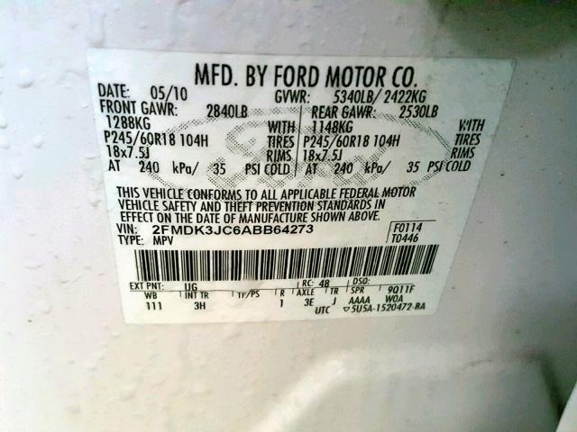 2FMDK3JC6ABB64273 - 2010 FORD EDGE SEL WHITE photo 10