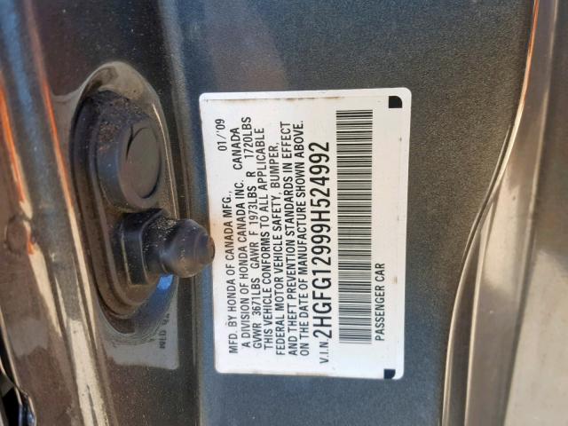 2HGFG12999H524992 - 2009 HONDA CIVIC EXL GRAY photo 10