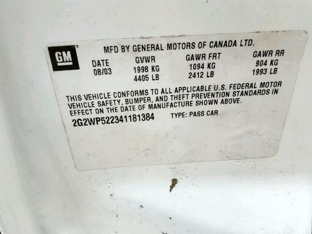 2G2WP522341181384 - 2004 PONTIAC GRAND PRIX WHITE photo 10