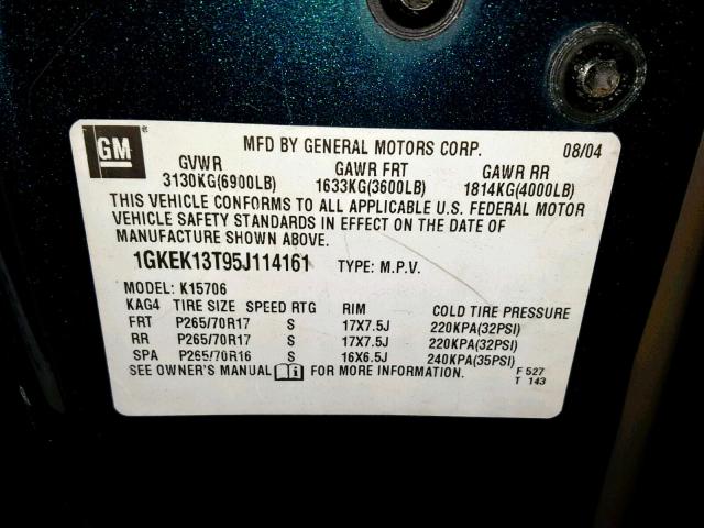 1GKEK13T95J114161 - 2005 GMC YUKON BLUE photo 10