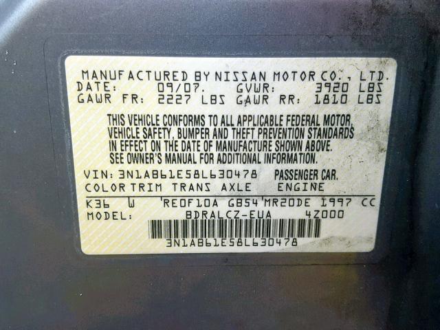 3N1AB61E58L630478 - 2008 NISSAN SENTRA 2.0 SILVER photo 10