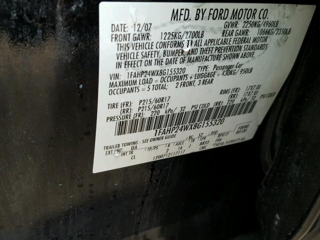 1FAHP24WX8G155320 - 2008 FORD TAURUS SEL BLACK photo 10