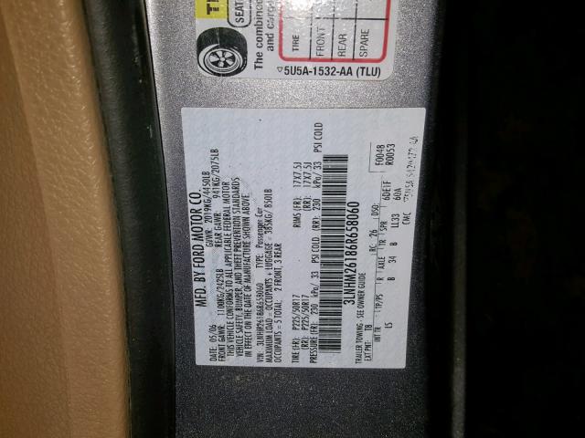 3LNHM26186R658060 - 2006 LINCOLN ZEPHYR GRAY photo 10