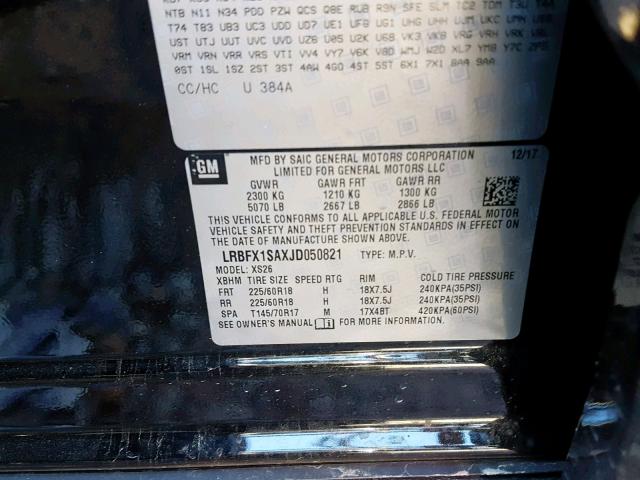 LRBFX1SAXJD050821 - 2018 BUICK ENVISION E Қара фото 10