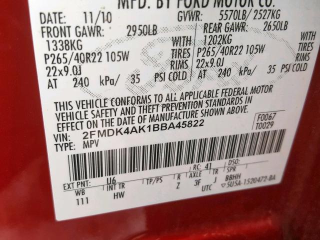 2FMDK4AK1BBA45822 - 2011 FORD EDGE SPORT RED photo 10