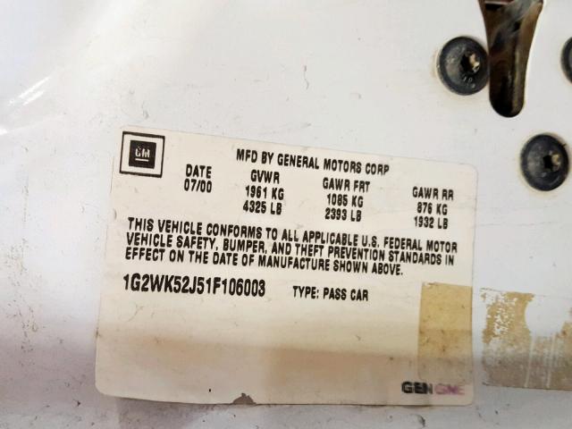 1G2WK52J51F106003 - 2001 PONTIAC GRAND PRIX WHITE photo 10