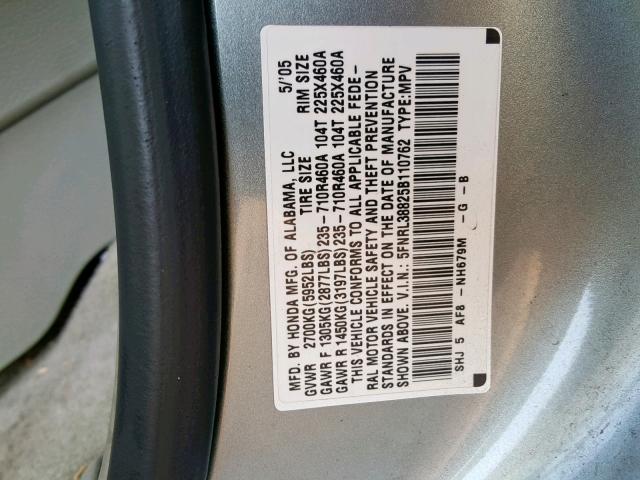 5FNRL38825B110762 - 2005 HONDA ODYSSEY TO BLUE photo 10