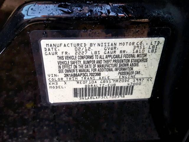 3N1AB6AP3CL702398 - 2012 NISSAN SENTRA 2.0 BLACK photo 10