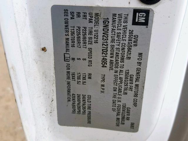 1GNDV23127D214954 - 2007 CHEVROLET UPLANDER L Ağ foto 10