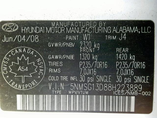 5NMSG13D88H223889 - 2008 HYUNDAI SANTA FE G WHITE photo 10