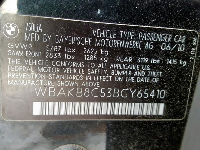 WBAKB8C53BCY65410 - 2011 BMW 750LI BLACK photo 10