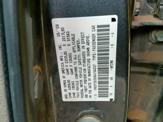 1HGCP26309A154027 - 2009 HONDA ACCORD LX Կապույտ լուսանկար 10