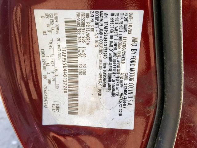 1FAFP55U44G127240 - 2004 FORD TAURUS SES BURGUNDY photo 10