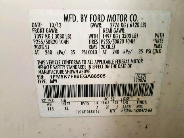 1FM5K7F86EGA88505 - 2014 FORD EXPLORER L WHITE photo 10