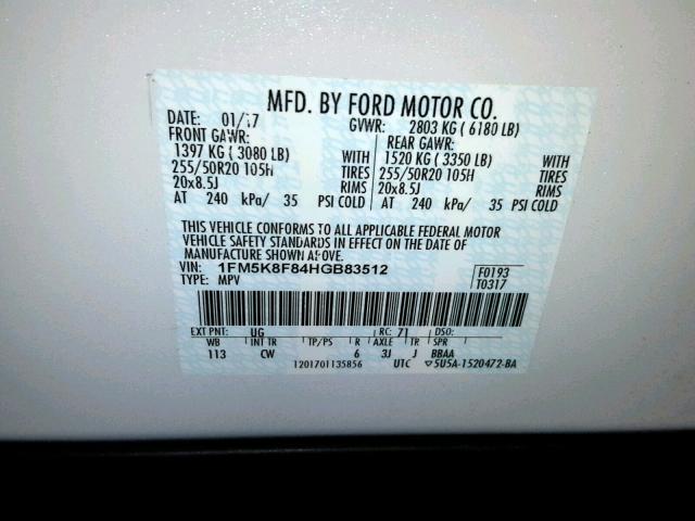 1FM5K8F84HGB83512 - 2017 FORD EXPLORER L WHITE photo 10