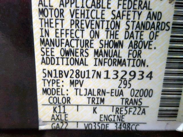 5N1BV28U17N132934 - 2007 NISSAN QUEST S GRAY photo 10