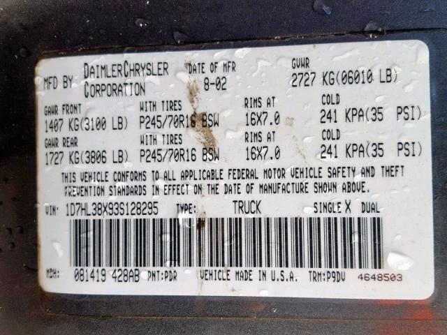 1D7HL38X93S128295 - 2003 DODGE DAKOTA QUA GRAY photo 10